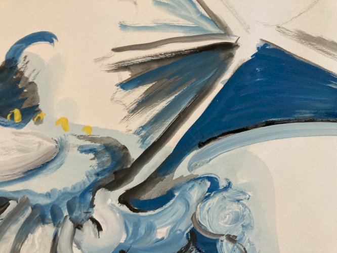 Peinture Gouache Sur Papier Dragon Fantaisie 1980 Feu A Identifier