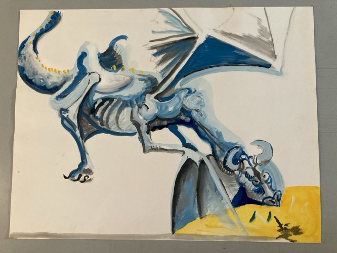 Peinture Gouache Sur Papier Dragon Fantaisie 1980 Feu A Identifier