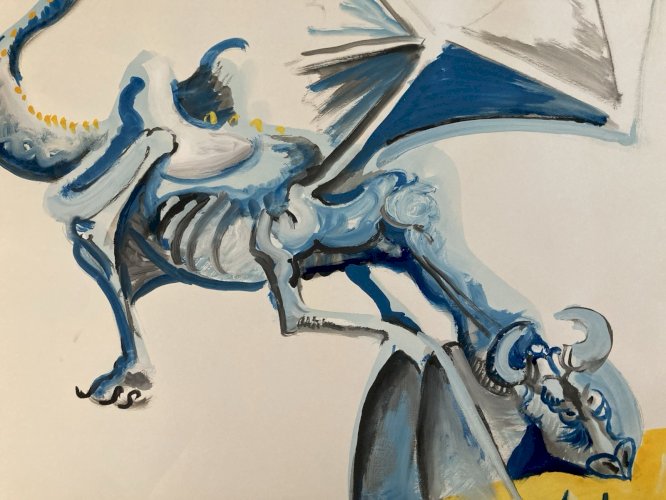 Peinture Gouache Sur Papier Dragon Fantaisie 1980 Feu A Identifier