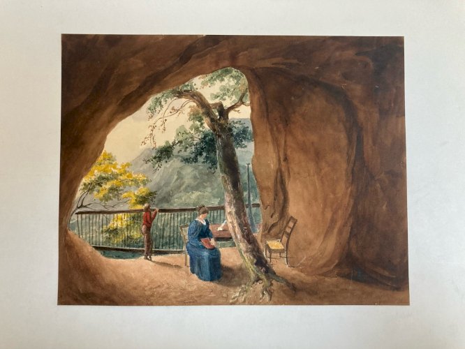 Peinture gouache XIX Papier Paysage Grotte Caverne Femme Enfant Ancien Niaux ?
