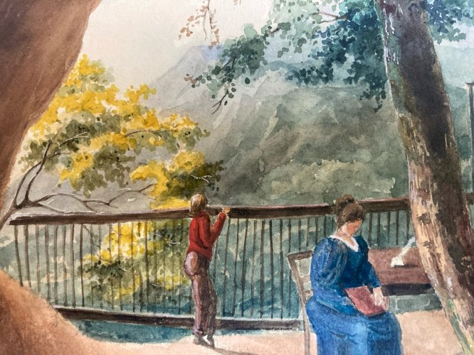 Peinture gouache XIX Papier Paysage Grotte Caverne Femme Enfant Ancien Niaux ?