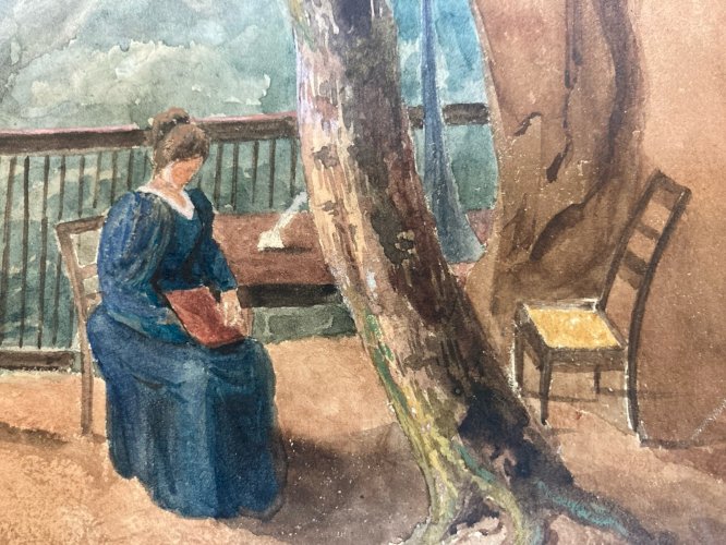 Peinture gouache XIX Papier Paysage Grotte Caverne Femme Enfant Ancien Niaux ?