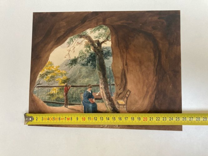 Peinture gouache XIX Papier Paysage Grotte Caverne Femme Enfant Ancien Niaux ?