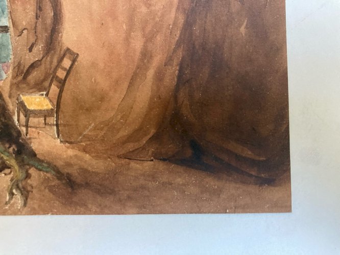 Peinture gouache XIX Papier Paysage Grotte Caverne Femme Enfant Ancien Niaux ?