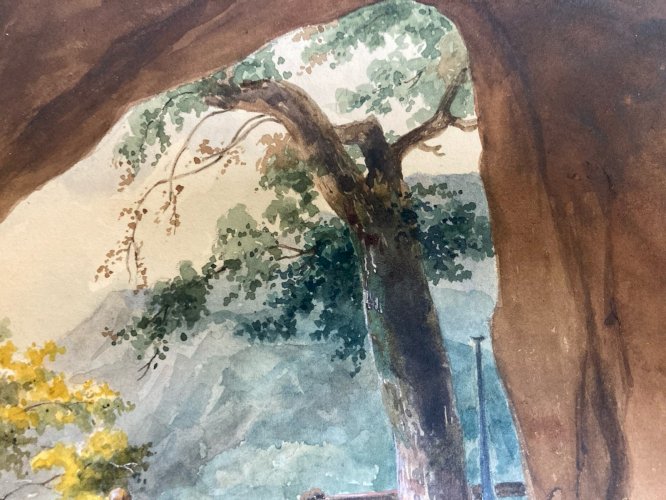 Peinture gouache XIX Papier Paysage Grotte Caverne Femme Enfant Ancien Niaux ?