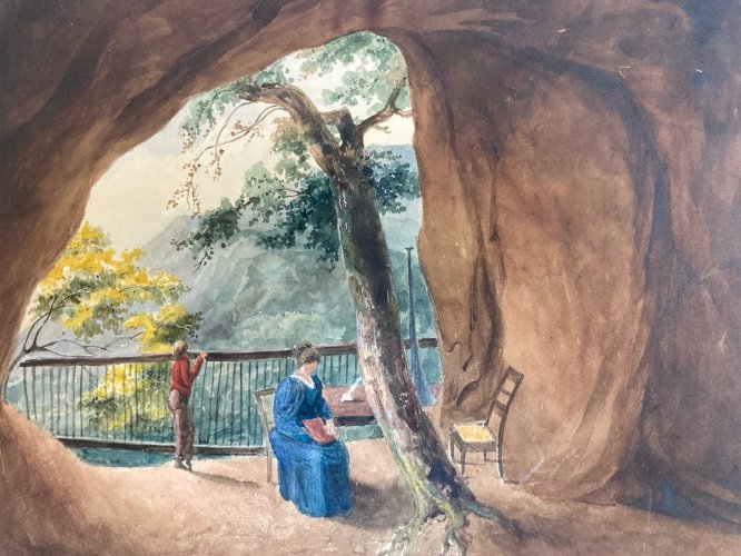 Peinture gouache XIX Papier Paysage Grotte Caverne Femme Enfant Ancien Niaux ?