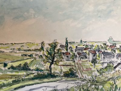 Painting Guitrancourt 1956 Paper Gouache Watercolor To Identify Landscape Wagrez