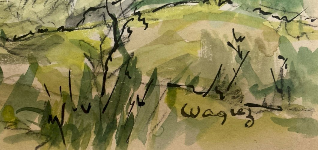 Peinture Guitrancourt 1956 Papier Gouache Aquarelle  À Identifier Paysage Wagrez
