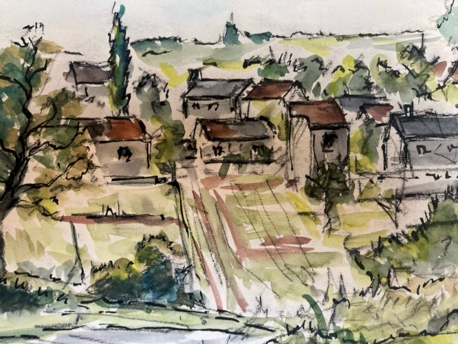 Peinture Guitrancourt 1956 Papier Gouache Aquarelle  À Identifier Paysage Wagrez