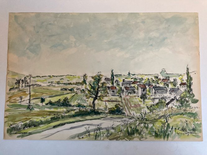 Peinture Guitrancourt 1956 Papier Gouache Aquarelle  À Identifier Paysage Wagrez
