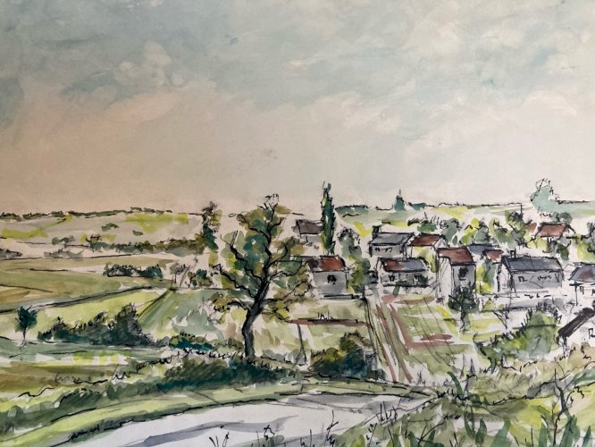 Peinture Guitrancourt 1956 Papier Gouache Aquarelle  À Identifier Paysage Wagrez