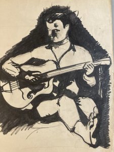 Peinture Homme Portrait Gouache 1960 Guitare Art Encre A Identifier Peint