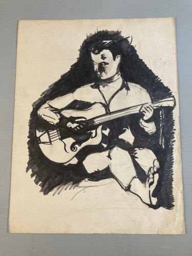 Peinture Homme Portrait Gouache 1960 Guitare Art Encre A Identifier Peint