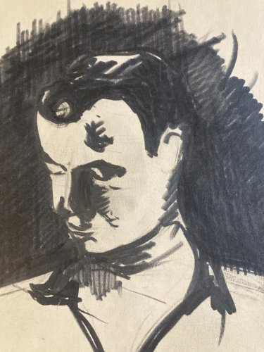 Peinture Homme Portrait Gouache 1960 Guitare Art Encre A Identifier Peint