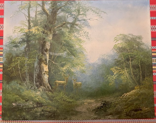 peinture huile au couteau paysage cervidés dans la forêt signé R Danford