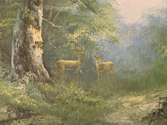 peinture huile au couteau paysage cervidés dans la forêt signé R Danford