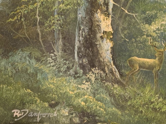peinture huile au couteau paysage cervidés dans la forêt signé R Danford