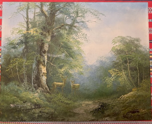 peinture huile au couteau paysage cervidés dans la forêt signé R Danford