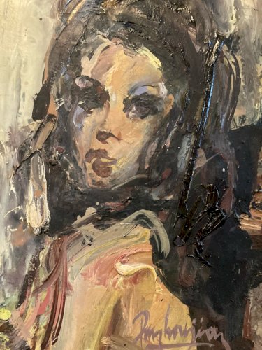 Peinture Huile Bois 1960 Jeune portrait femme Gérard PAMBOUJIAN Art