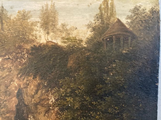 Peinture Huile Bois  École Francaise Grotte XIXe 1880 A Identifier Painting Old