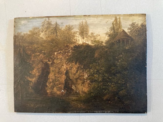 Peinture Huile Bois  École Francaise Grotte XIXe 1880 A Identifier Painting Old