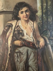 Oil Painting Wood Young Girl with Monkey XIX 1880 To Identify Painting Old Art