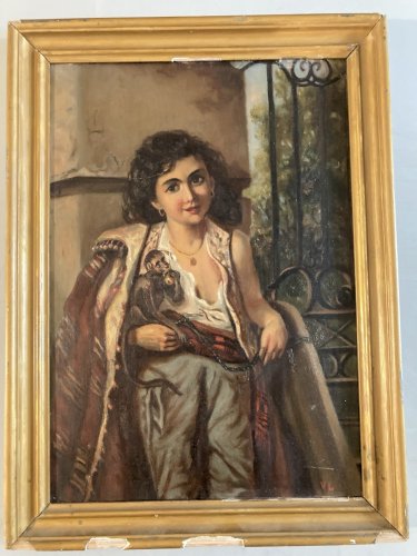 Peinture Huile Bois Jeune Fille Au Singe XIXe 1880 A Identifier Painting Old Art