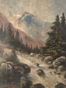 Peinture Huile Carton Riviere Montagne Post Impressionniste Art Ancien