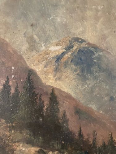 Peinture Huile Carton Riviere Montagne Post Impressionniste Art Ancien