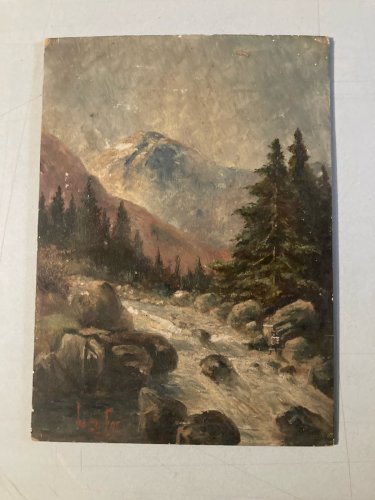 Peinture Huile Carton Riviere Montagne Post Impressionniste Art Ancien
