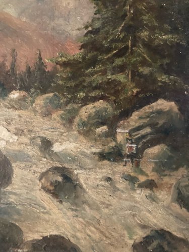 Peinture Huile Carton Riviere Montagne Post Impressionniste Art Ancien