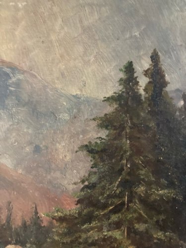 Peinture Huile Carton Riviere Montagne Post Impressionniste Art Ancien