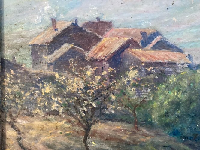 Peinture Huile Carton Village Post Impressionniste Impressionnisme Ancien
