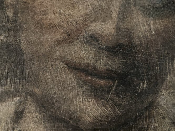 Peinture Huile Et Crayon panneau bois femme 1920 Ancien À Identifier Grattage