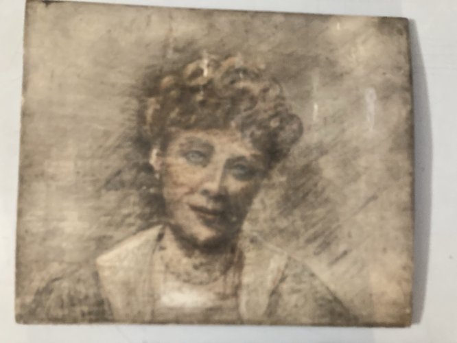 Peinture Huile Et Crayon panneau bois femme 1920 Ancien À Identifier Grattage