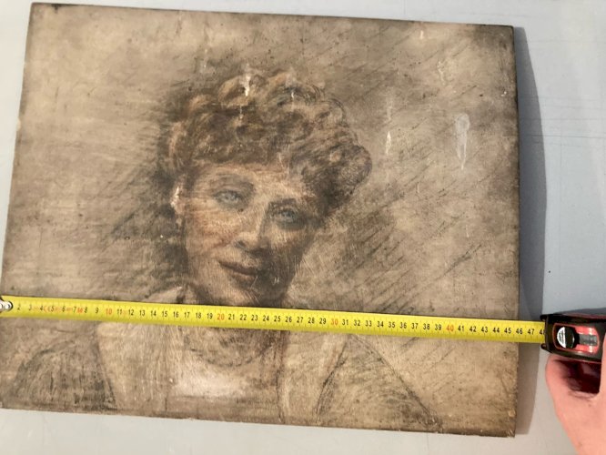 Peinture Huile Et Crayon panneau bois femme 1920 Ancien À Identifier Grattage