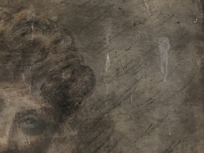 Peinture Huile Et Crayon panneau bois femme 1920 Ancien À Identifier Grattage