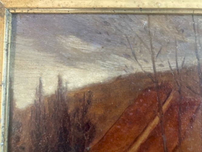 Peinture Huile Panneau 1940 Paysage Maison À Identifier Art Ancien