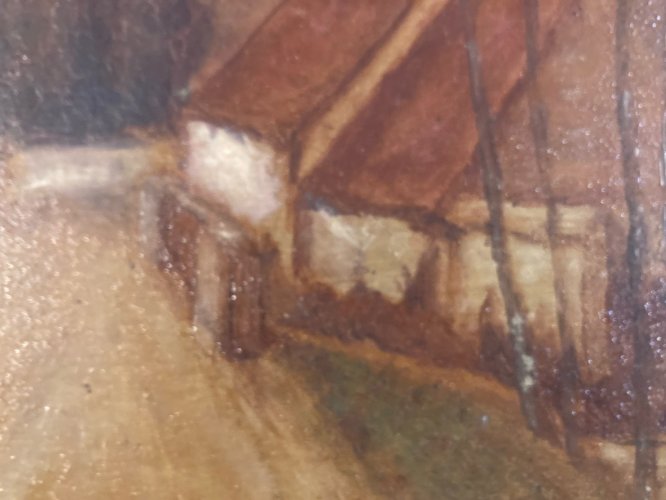 Peinture Huile Panneau 1940 Paysage Maison À Identifier Art Ancien