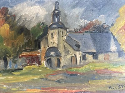 Peinture Huile Panneau 1950 Église Fourneville Expressionniste Expressionnisme
