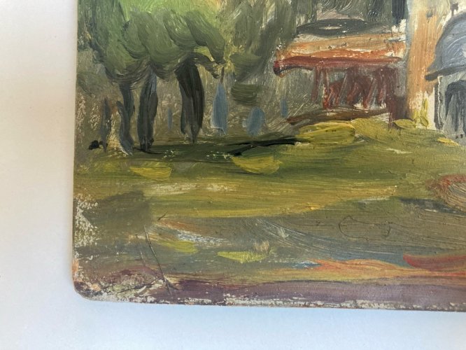 Peinture Huile Panneau 1950 Église Fourneville Expressionniste Expressionnisme