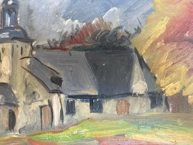Peinture Huile Panneau 1950 Église Fourneville Expressionniste Expressionnisme