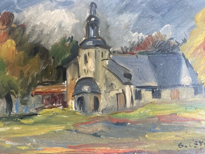 Peinture Huile Panneau 1950 Église Fourneville Expressionniste Expressionnisme