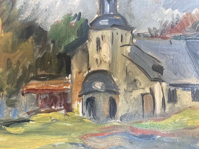 Peinture Huile Panneau 1950 Église Fourneville Expressionniste Expressionnisme