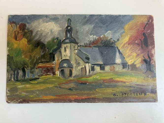 Peinture Huile Panneau 1950 Église Fourneville Expressionniste Expressionnisme