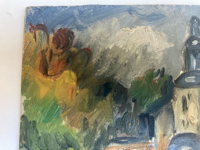 Peinture Huile Panneau 1950 Église Fourneville Expressionniste Expressionnisme