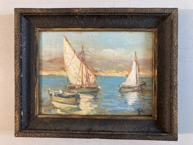 Peinture Huile Panneau Bois 1950 Mer Méditerranée Baie De Naples Vesuve