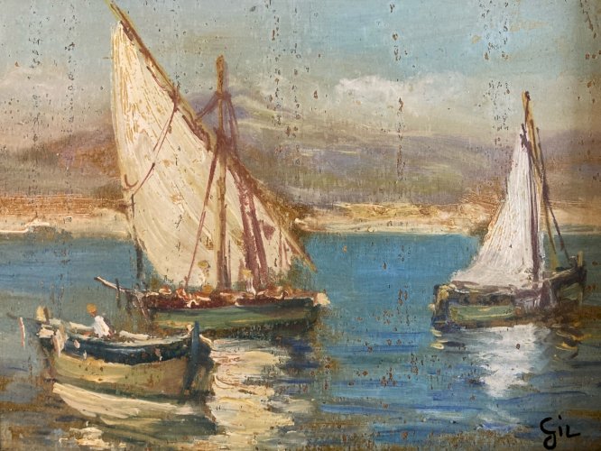 Peinture Huile Panneau Bois 1950 Mer Méditerranée Baie De Naples Vesuve