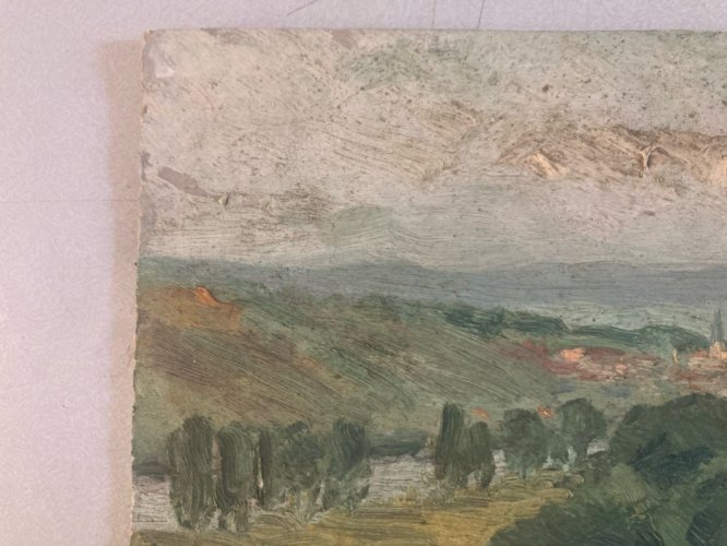 peinture huile panneau bois 1950 paysage  Village impressionniste Arbre