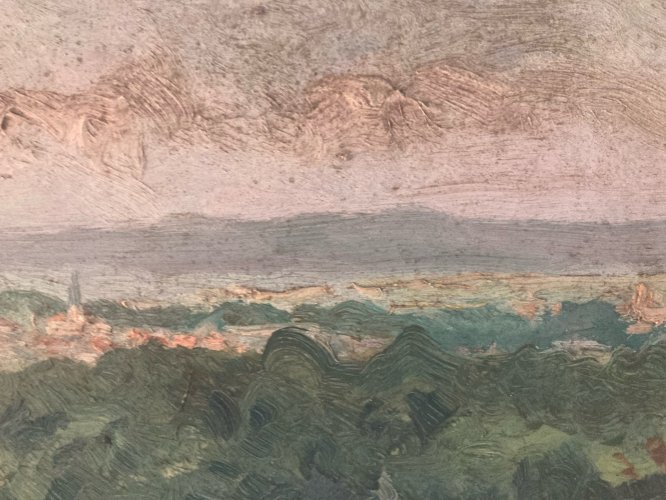 peinture huile panneau bois 1950 paysage  Village impressionniste Arbre